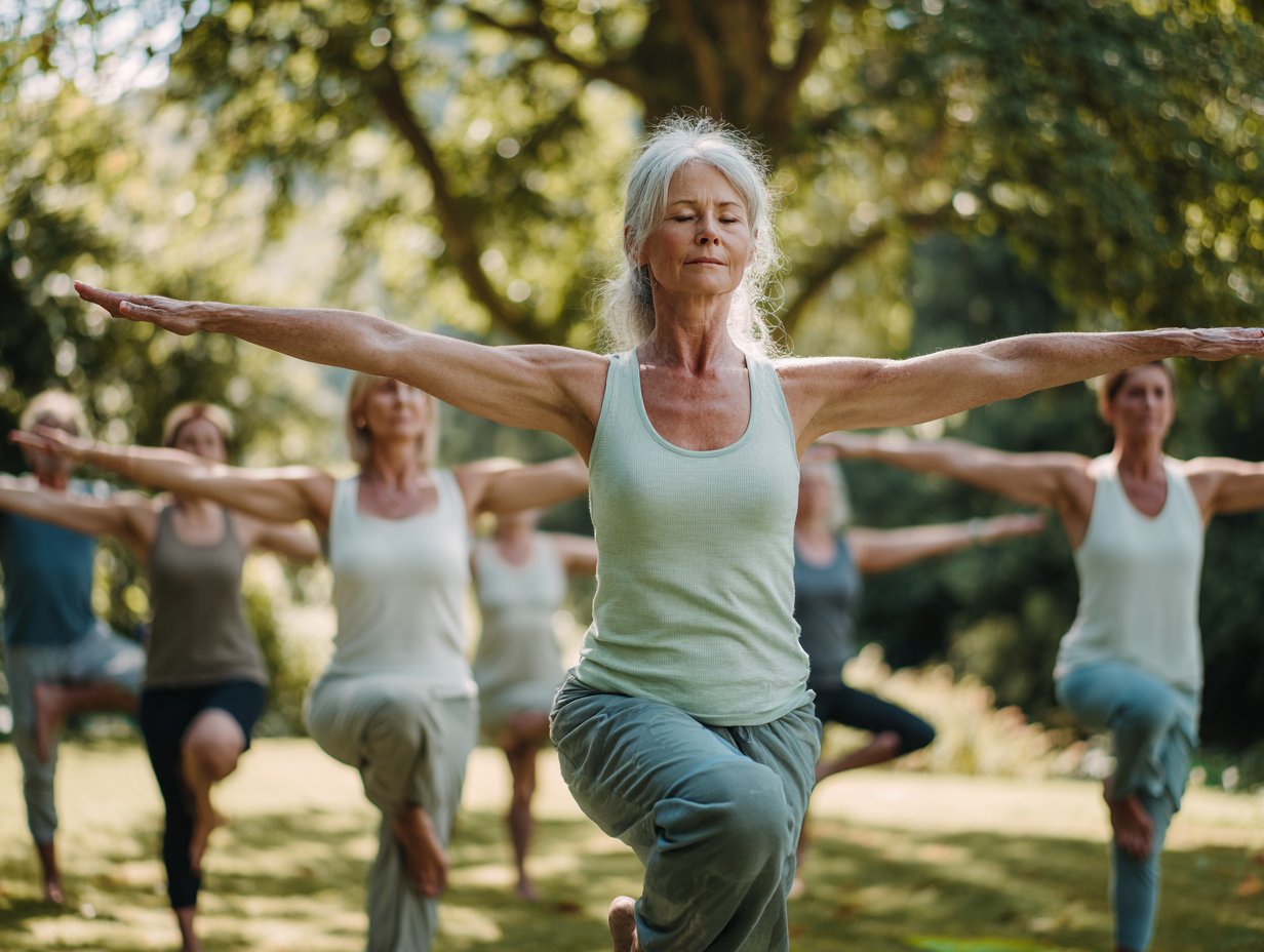 Група людей різного віку займається йогою на природі